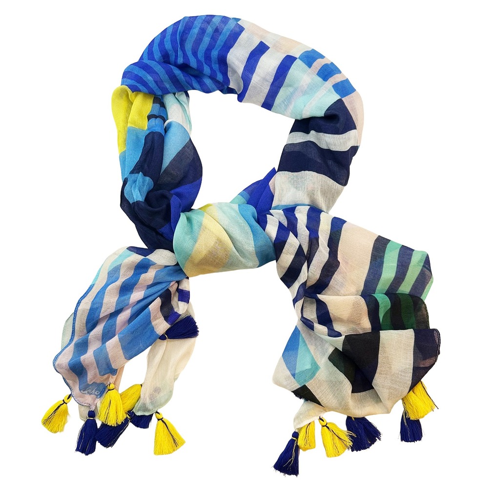 ECHO Multi-color‎ Striped Tassel Lightweight Scarf • blue, yellow, green, white